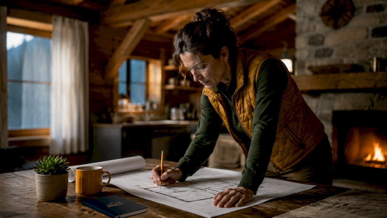 Woman reviewing cabin renovation plans indoors