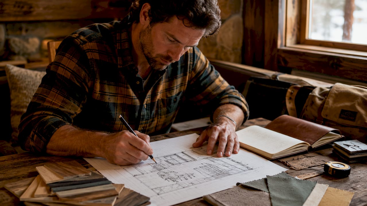 Hands sketching cabin interior layout on graph paper