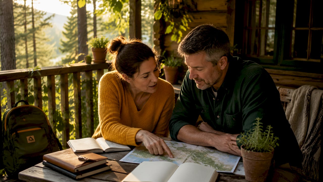 Couple planning anniversary cabin retreat