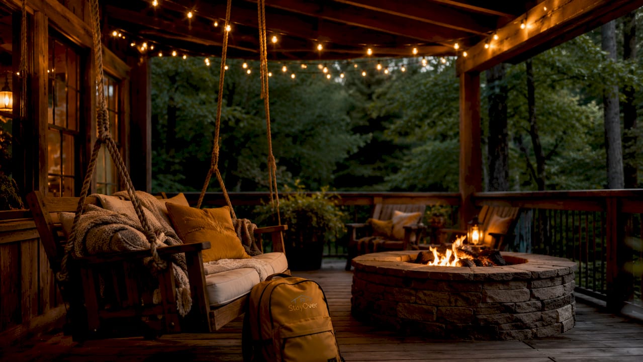 Inviting romantic cabin porch with fire pit at dusk