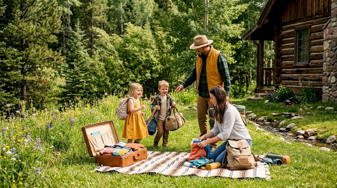 Family unpacking on cabin porch in forest