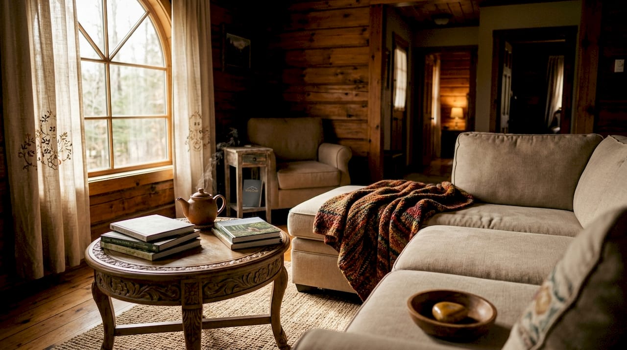 Cozy cabin living room with private bedrooms