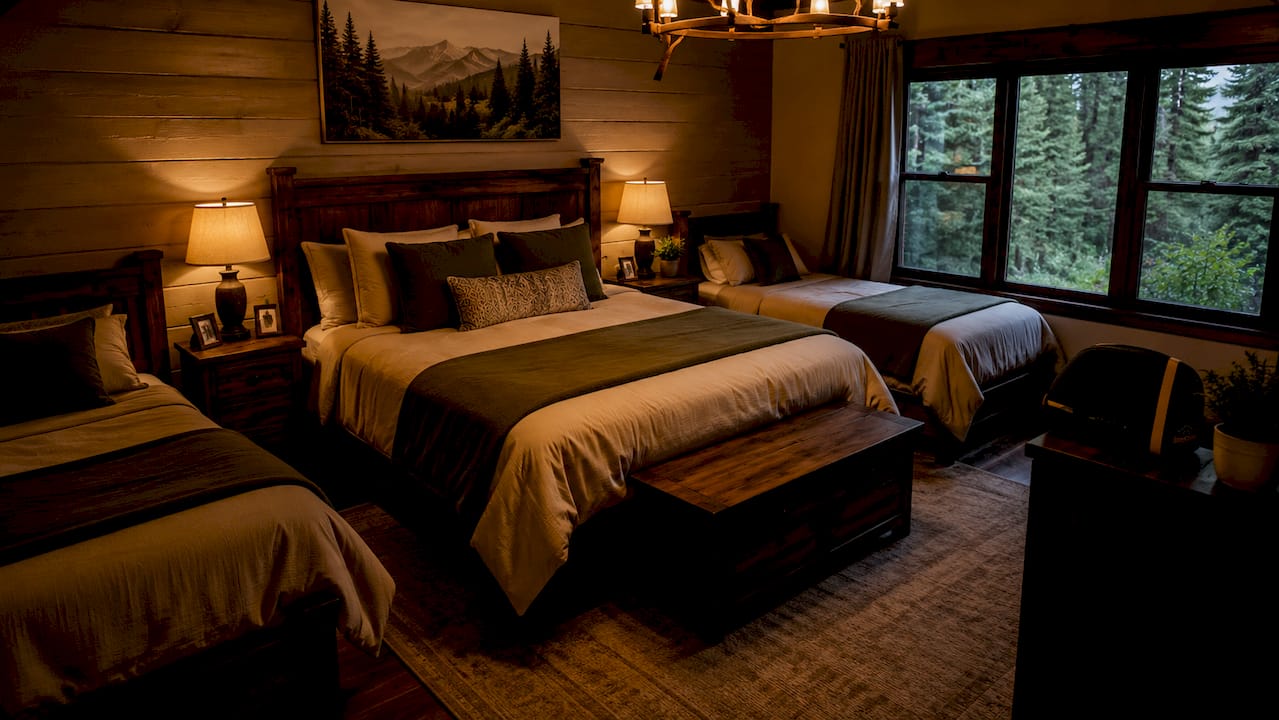 Cozy multi-bed cabin bedroom sleeping setup