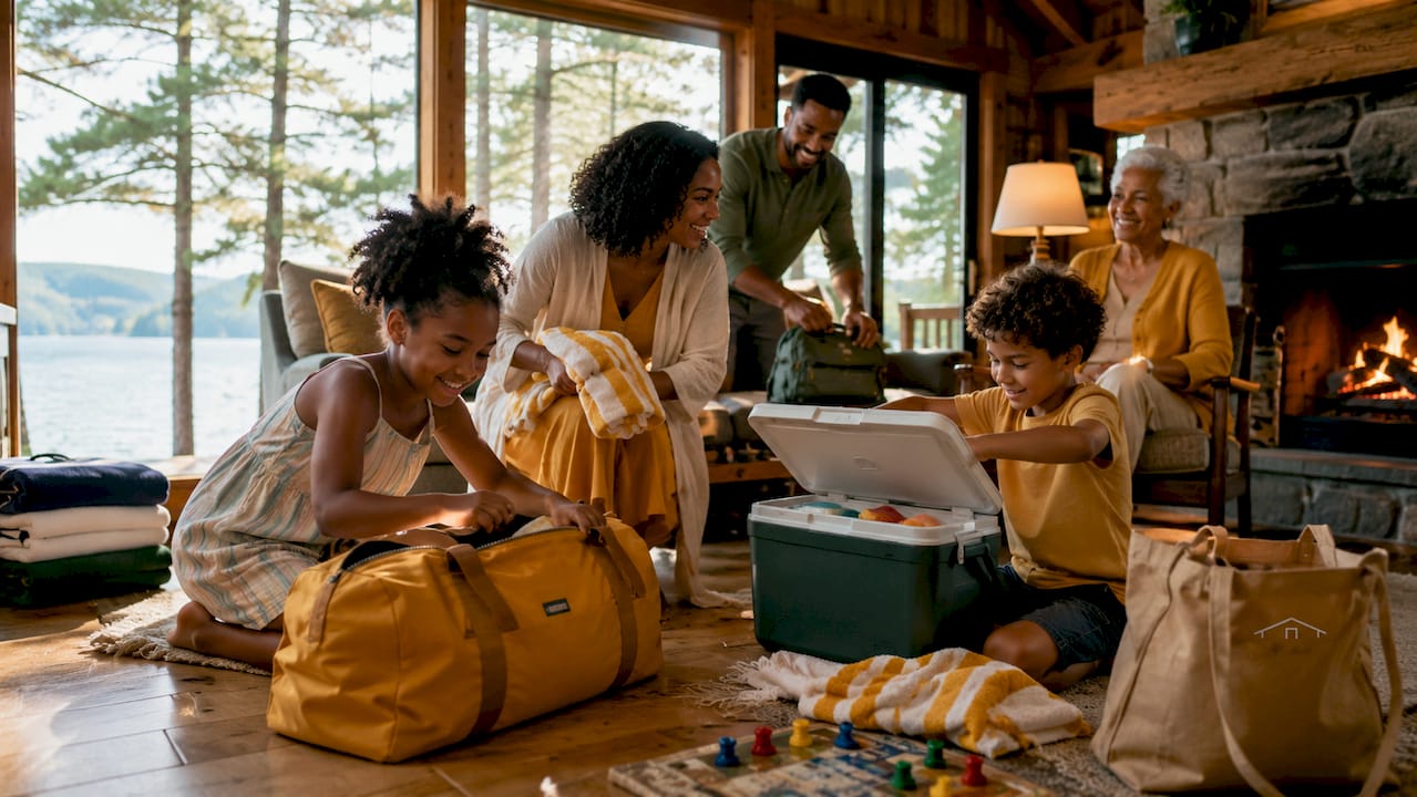 Multigenerational family arriving at a group cabin