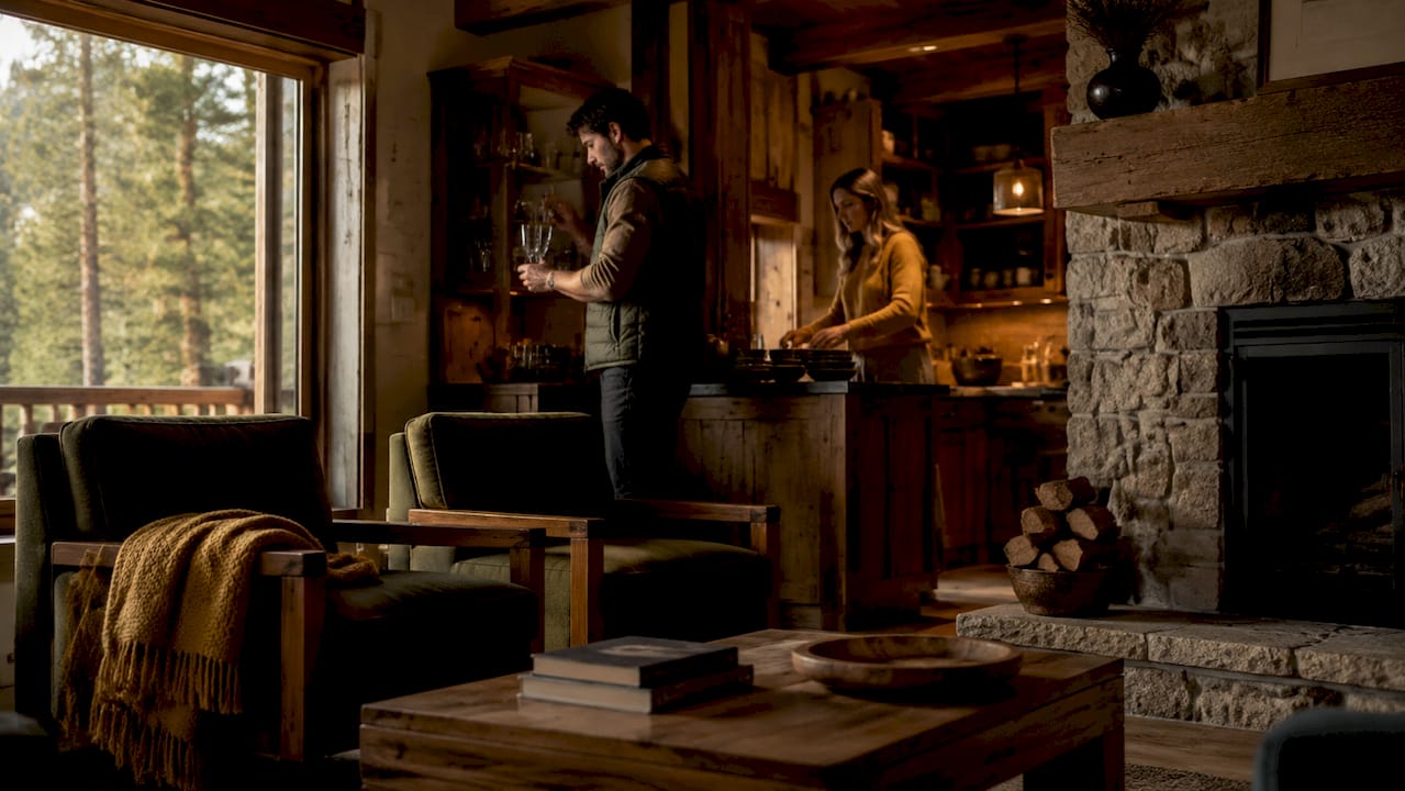 Cozy interior of creek-side cabin living area
