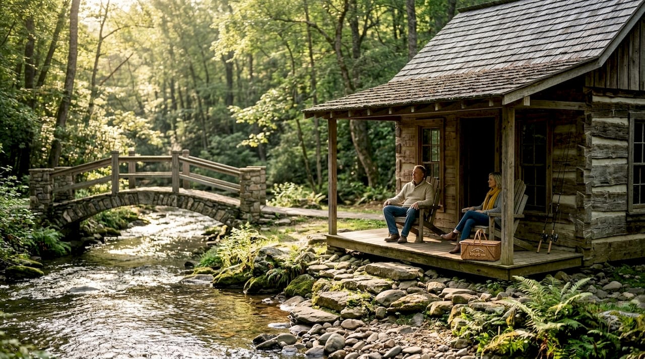 Rustic creek-side cabin exterior with greenery