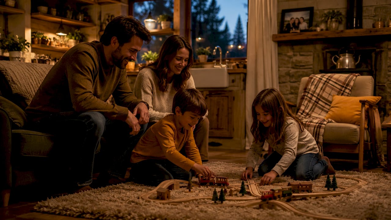 Cozy family cabin living room with family interacting