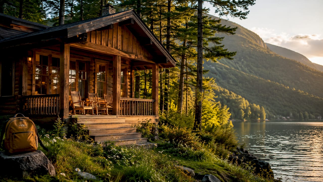 Secluded cabin exterior surrounded by forest