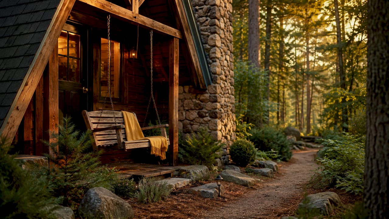 Rustic A-frame cabin in forest at dawn