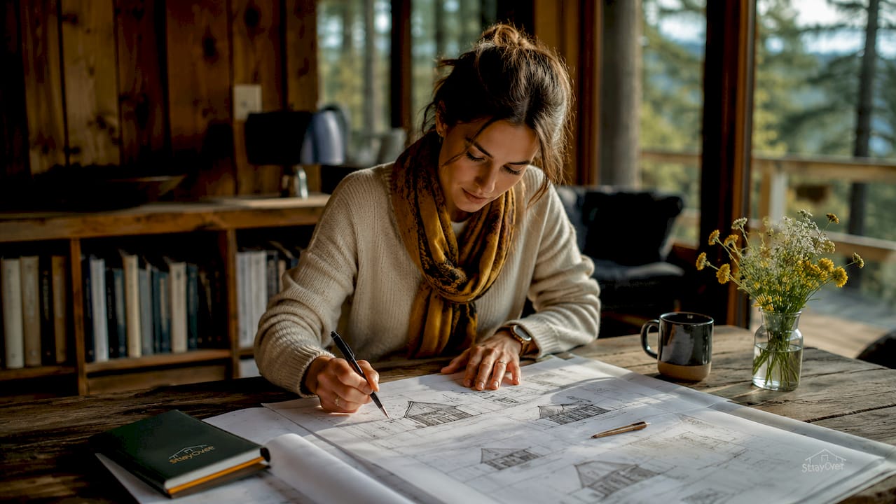 Architect analyzing steep-roof cabin designs