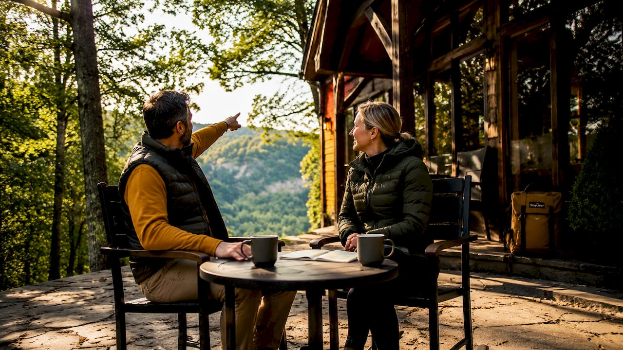 Couple on rustic cabin deck with forest view