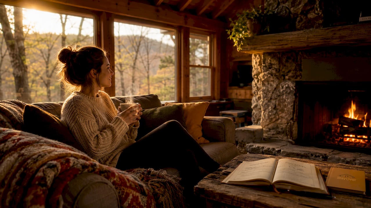 Woman relaxing by cabin fireplace with hiking map