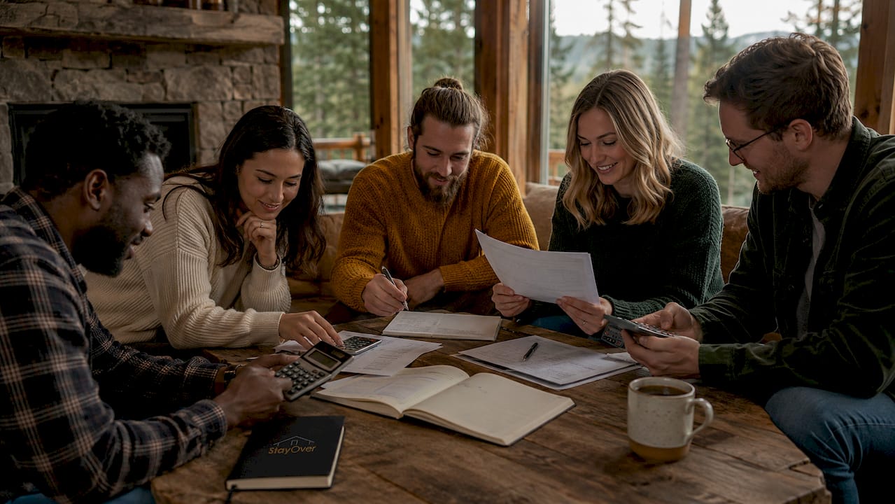 Group discussing cost splitting inside cozy cabin