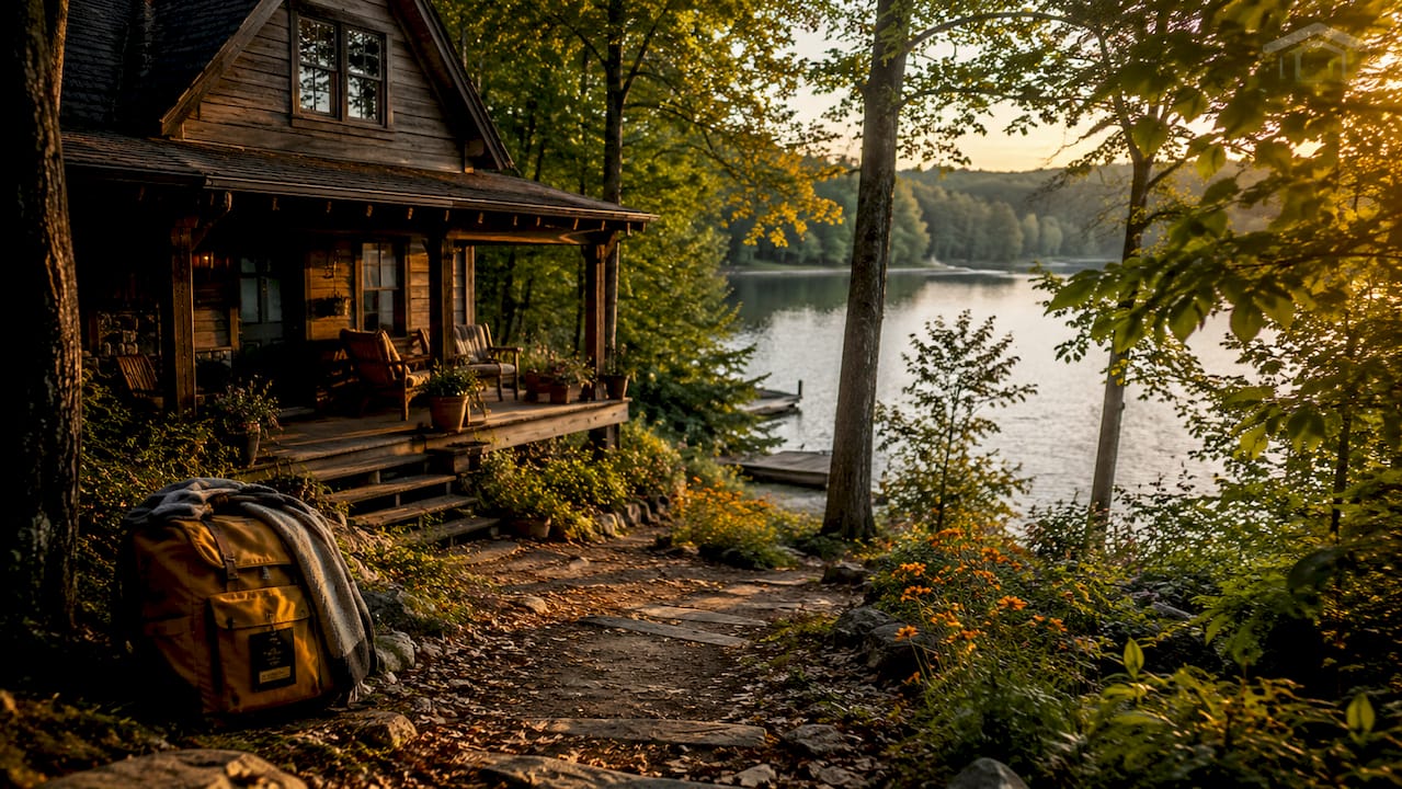 Trail alongside rustic cabin wall in forest