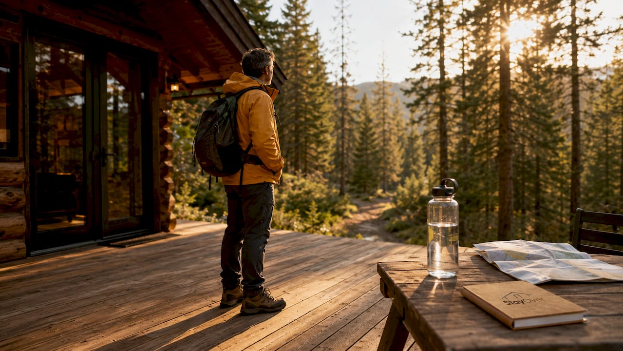 Hiker at cabin porch near forest trail