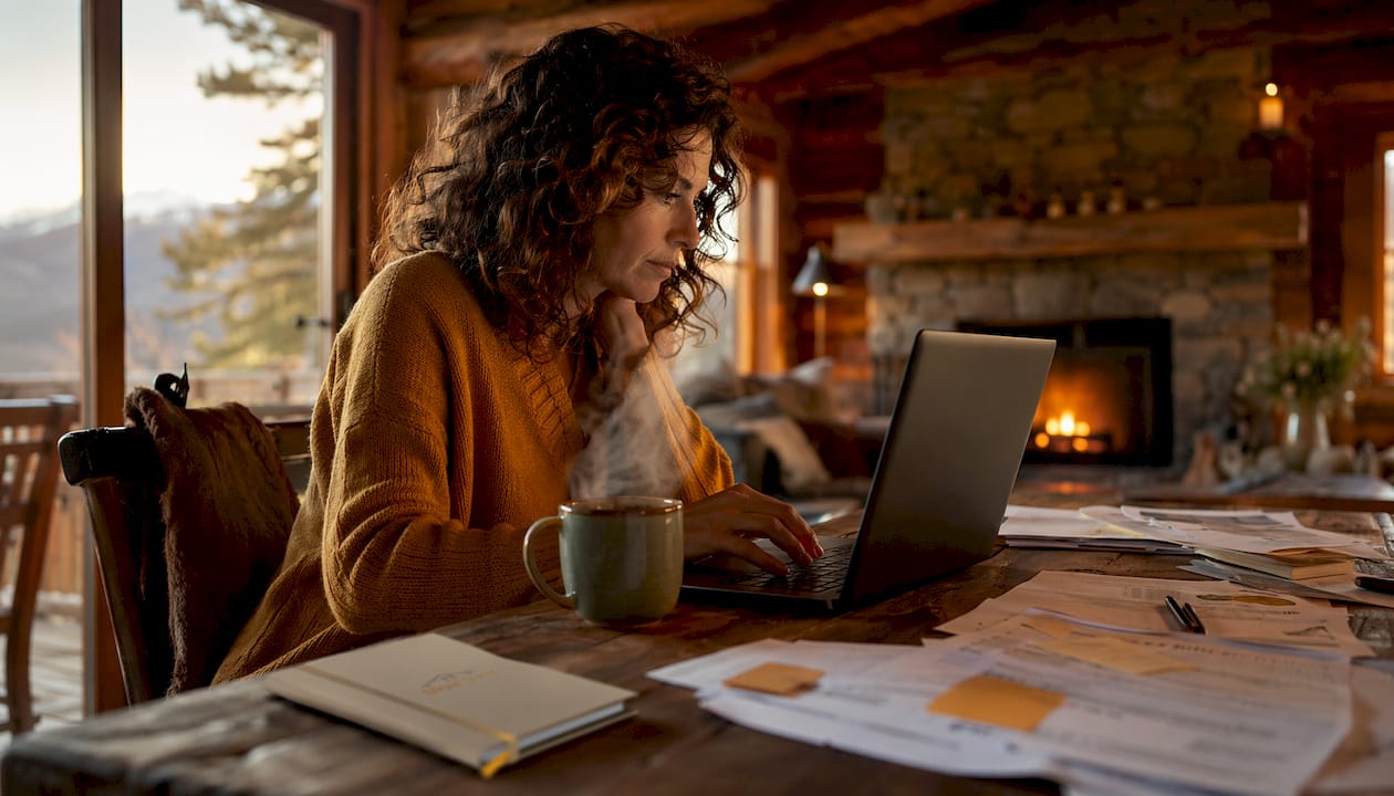 Woman managing cabin rental at home office
