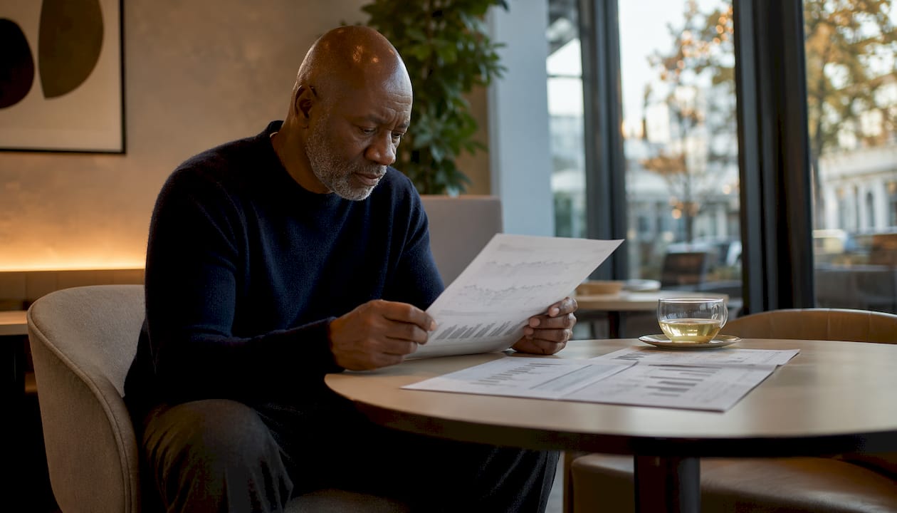 Investor reviewing portfolio return reports at desk