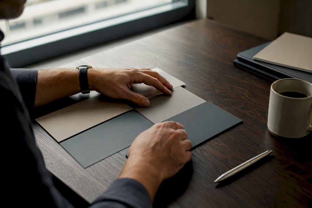 Hands adjusting portfolio allocation cards