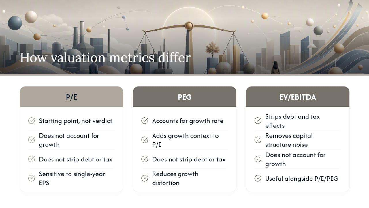 Comparison of valuation ratios P/E, PEG, EV/EBITDA