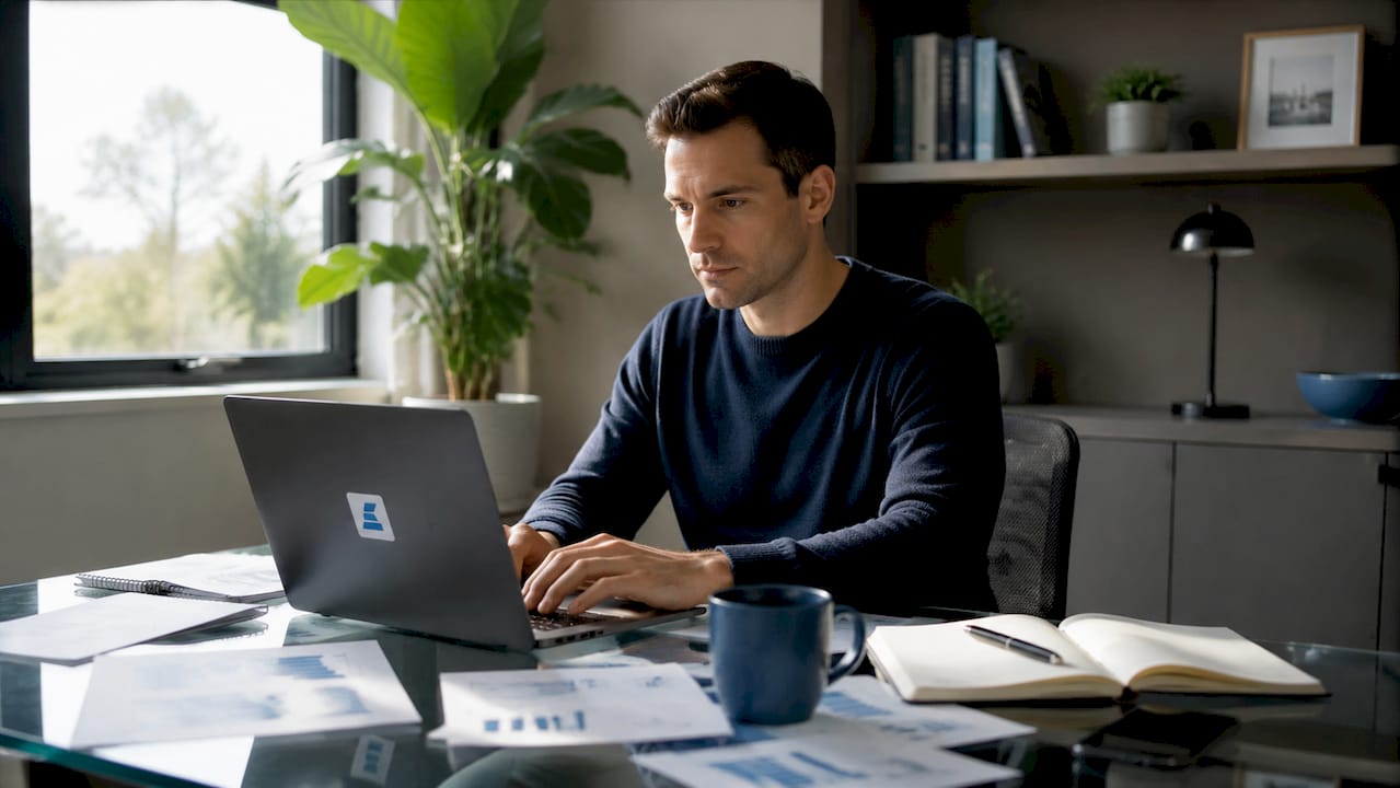 Solo founder working on bookkeeping at desk