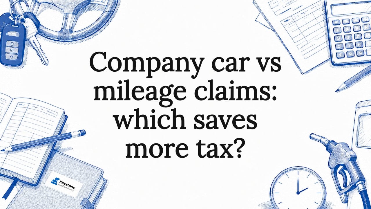 Decorative title card illustration with vehicle and tax motifs