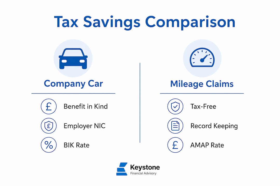 Infographic comparing company car tax and mileage claim benefits