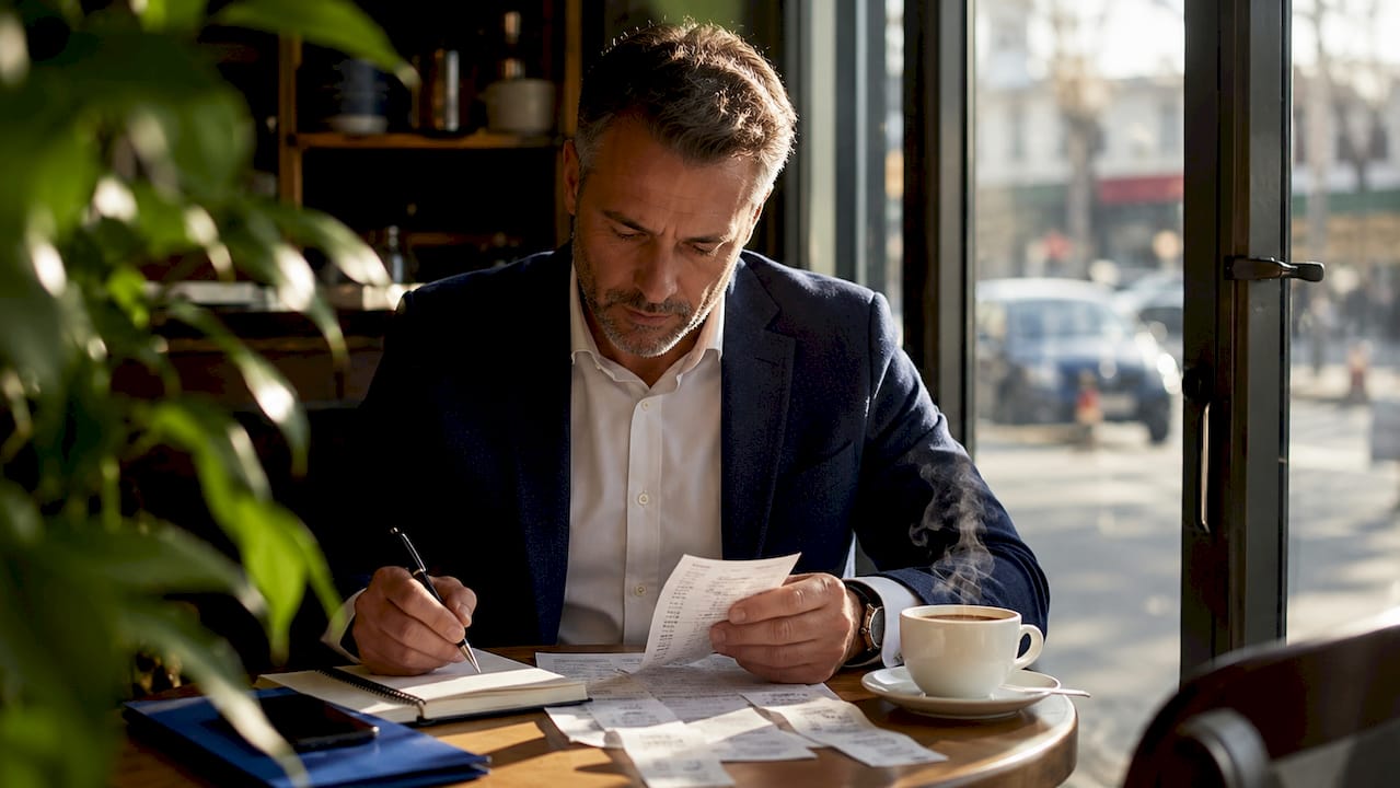 Businessman reviewing meal expense documents