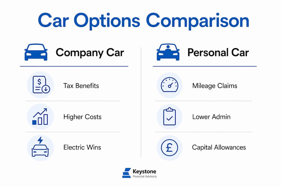 Infographic comparing company car and personal car options with key points