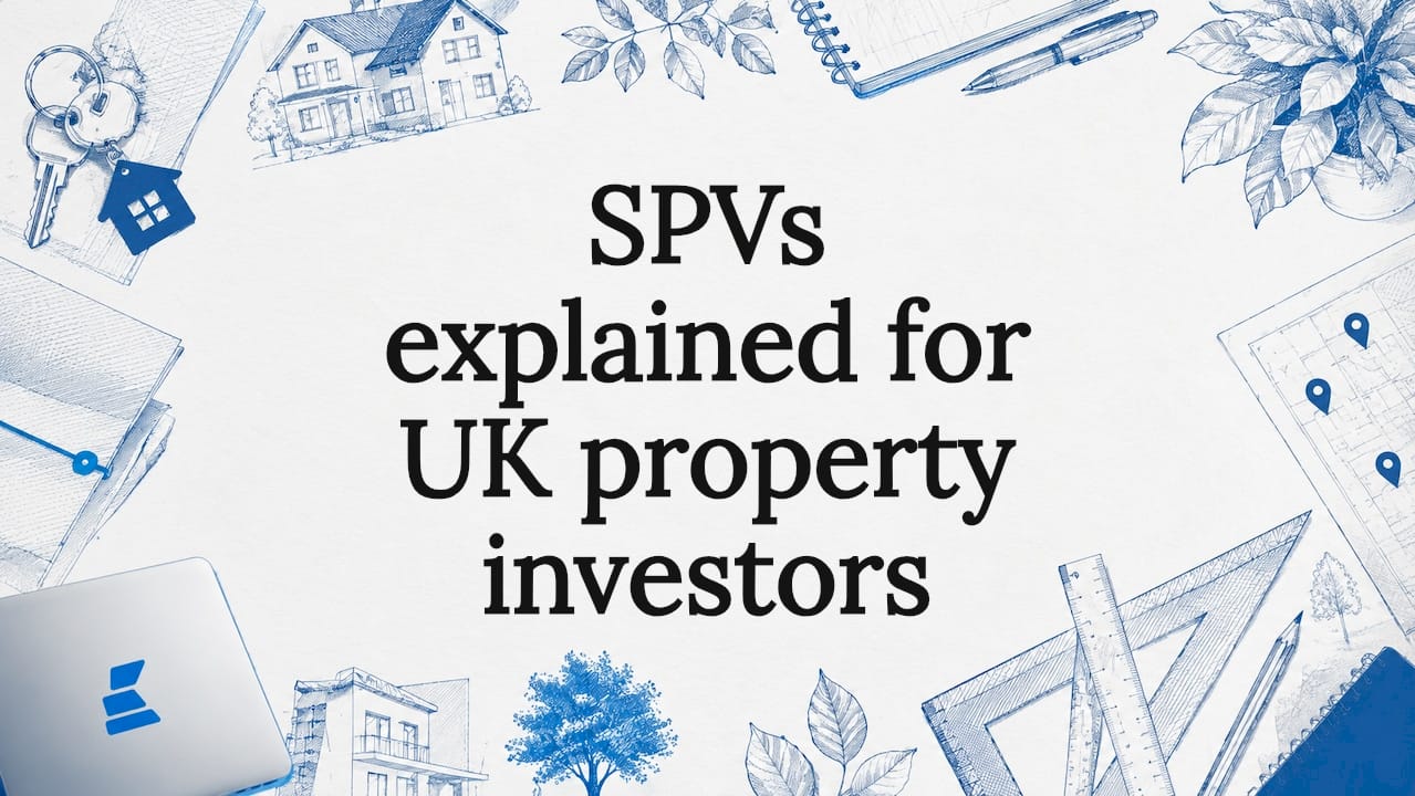 Decorative title card with property investment illustrations