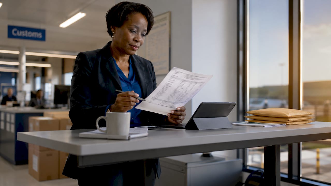 Woman reviewing import VAT calculation document