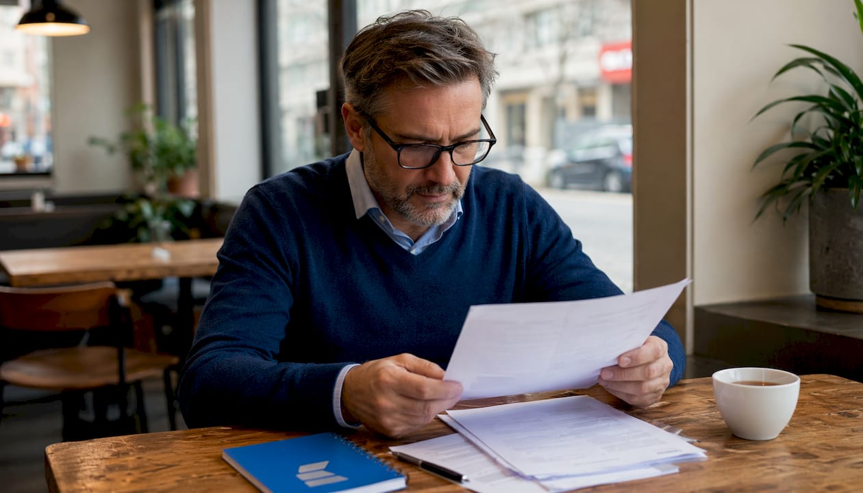 Contractor reading CIS tax documents at desk