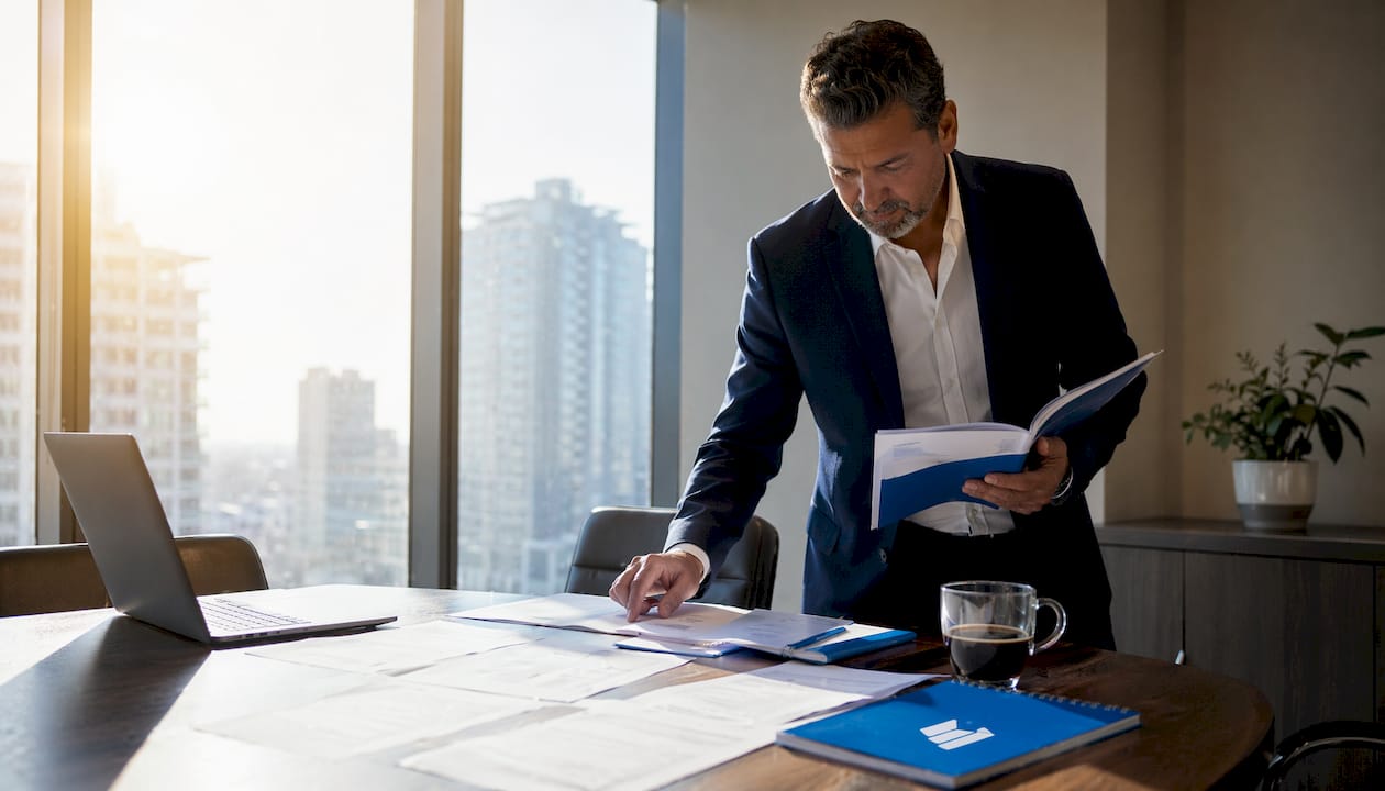 Man reviewing VAT invoices at office desk in daylight