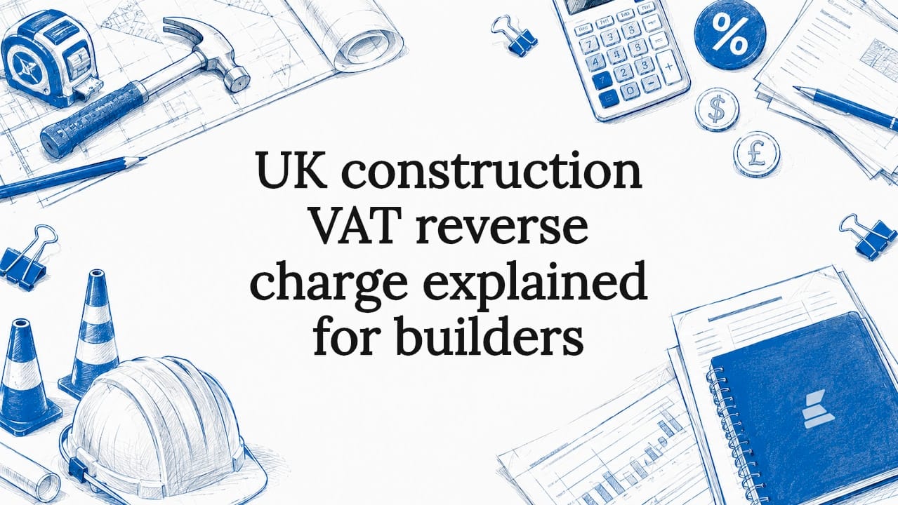 Decorative illustrated title card for UK construction VAT reverse charge article