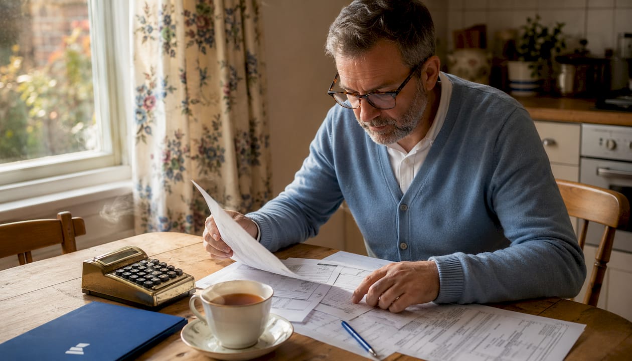 Man reviewing UK tax return papers at home desk