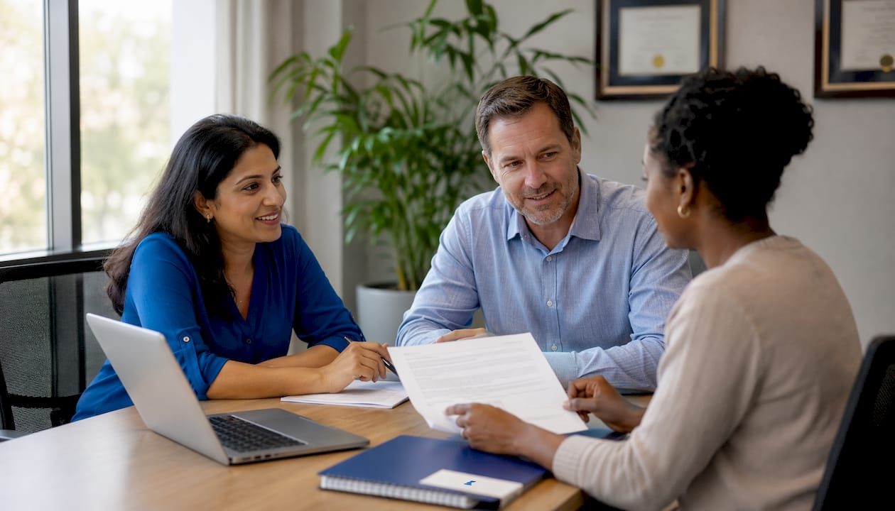 Diverse colleagues discussing family employment contracts