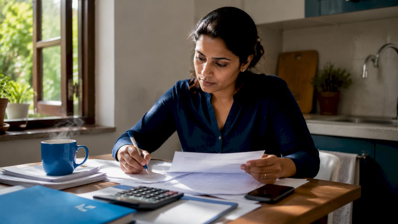 Small business owner reviewing tax invoices at desk