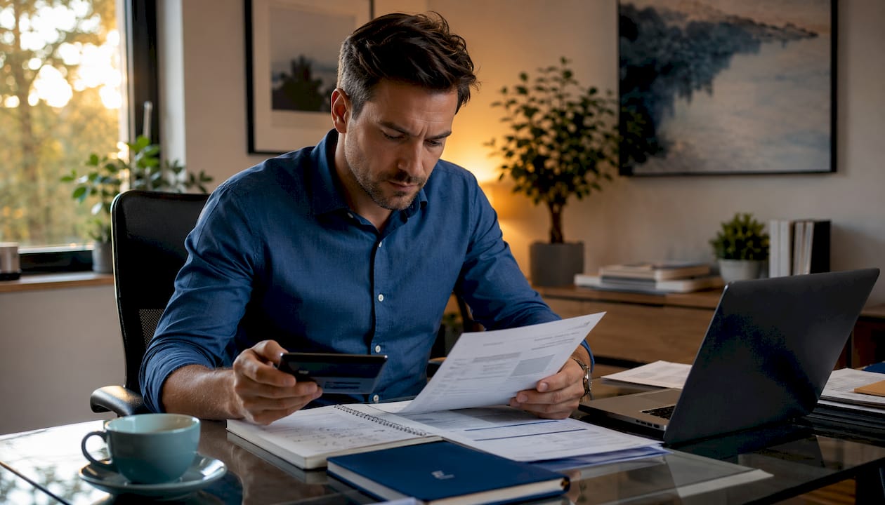 Accountant reviewing tax documents at desk
