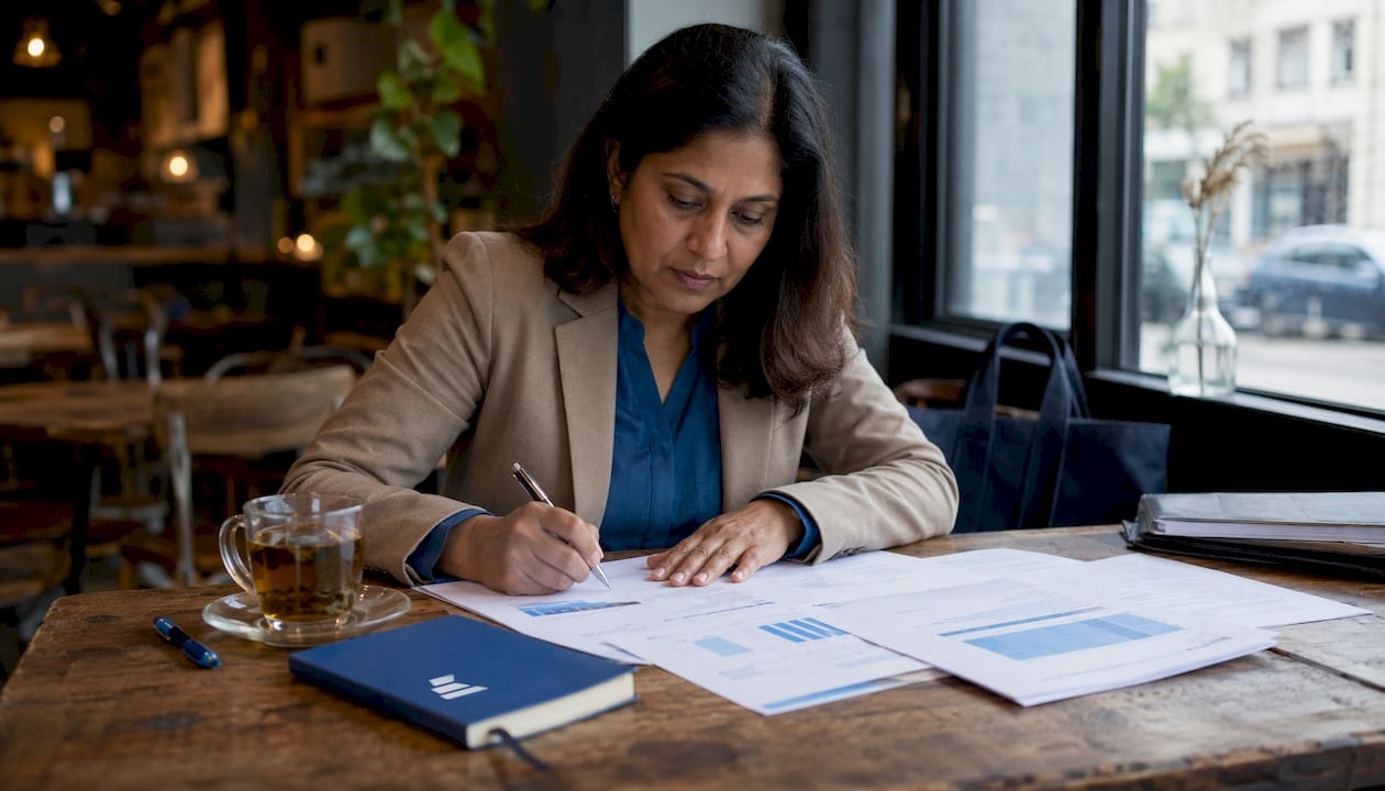 Woman reviewing UK tax documents at desk