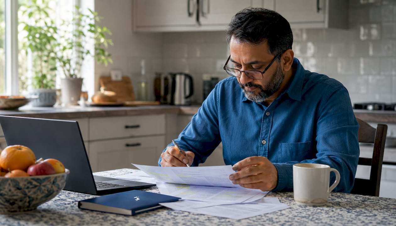 Man reviewing SME tax documents at home office
