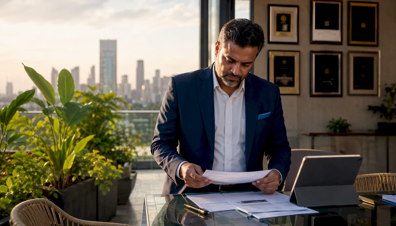 Director reviewing tax documents at office desk