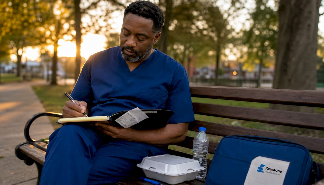 Dentist noting food expense receipt outdoors