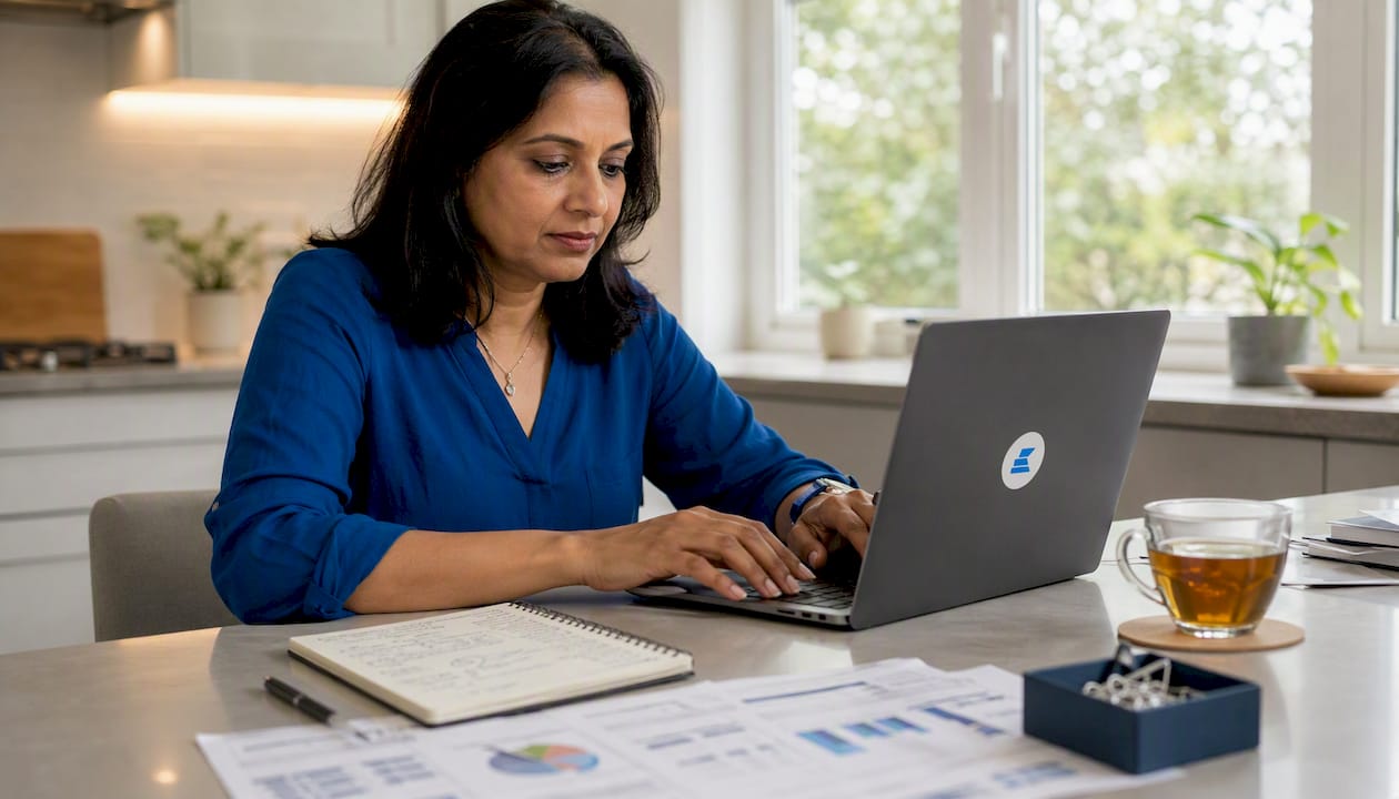 Small business owner filing accounts on laptop