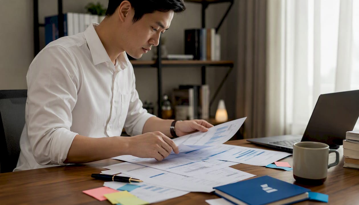 Overhead view of hands organizing financial reports