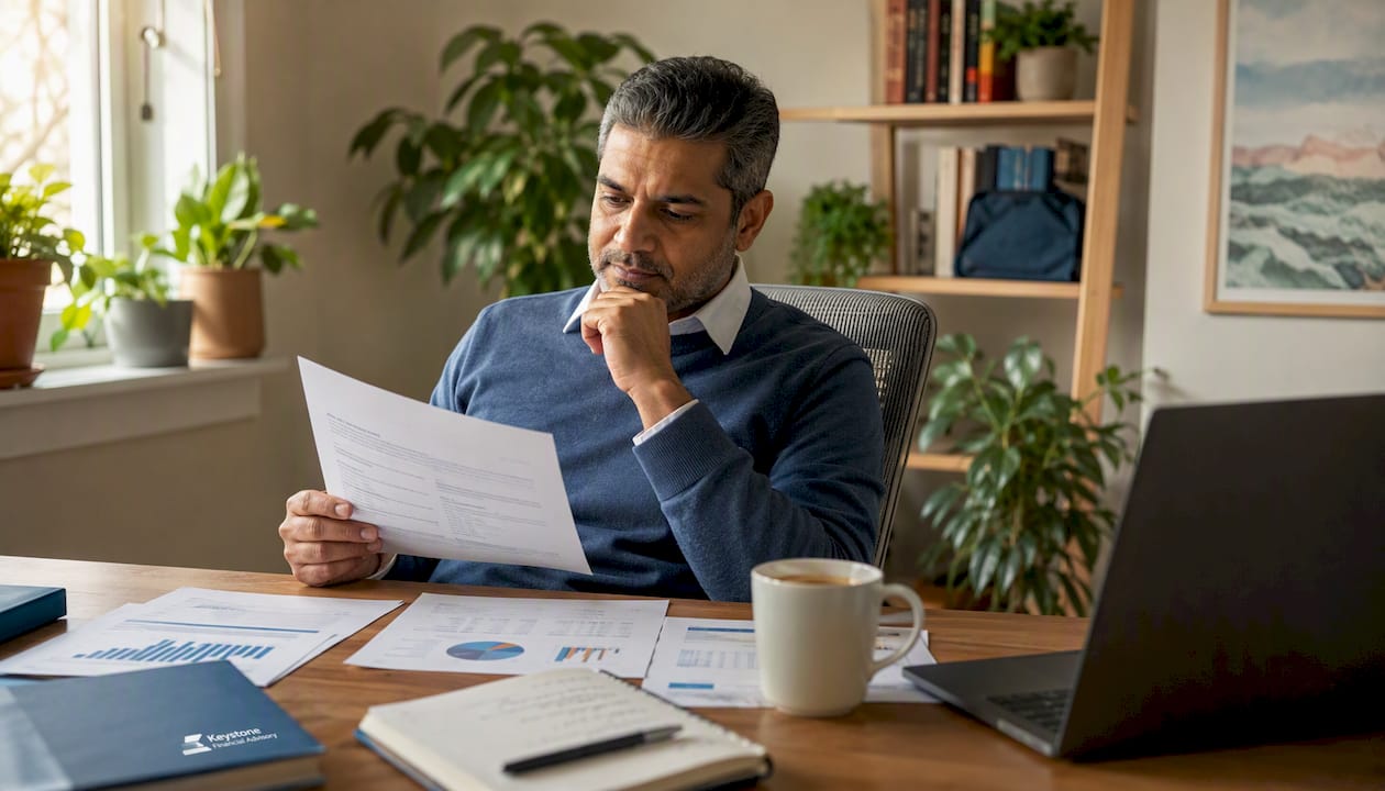 Man reviewing pension documents at desk
