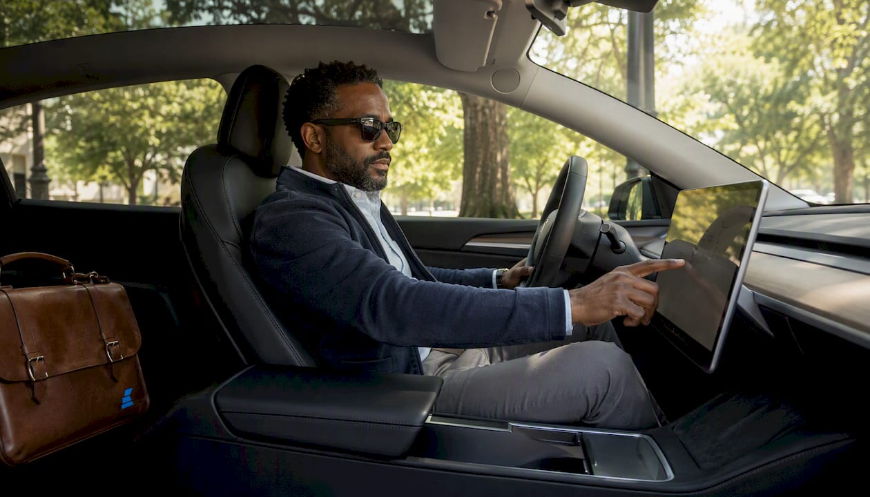 Executive using Tesla Model 3 controls inside car