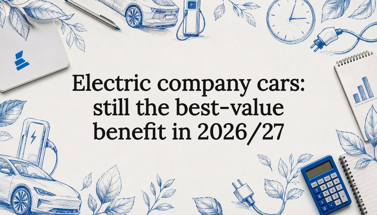 Decorative title card illustration with electric car and business motifs