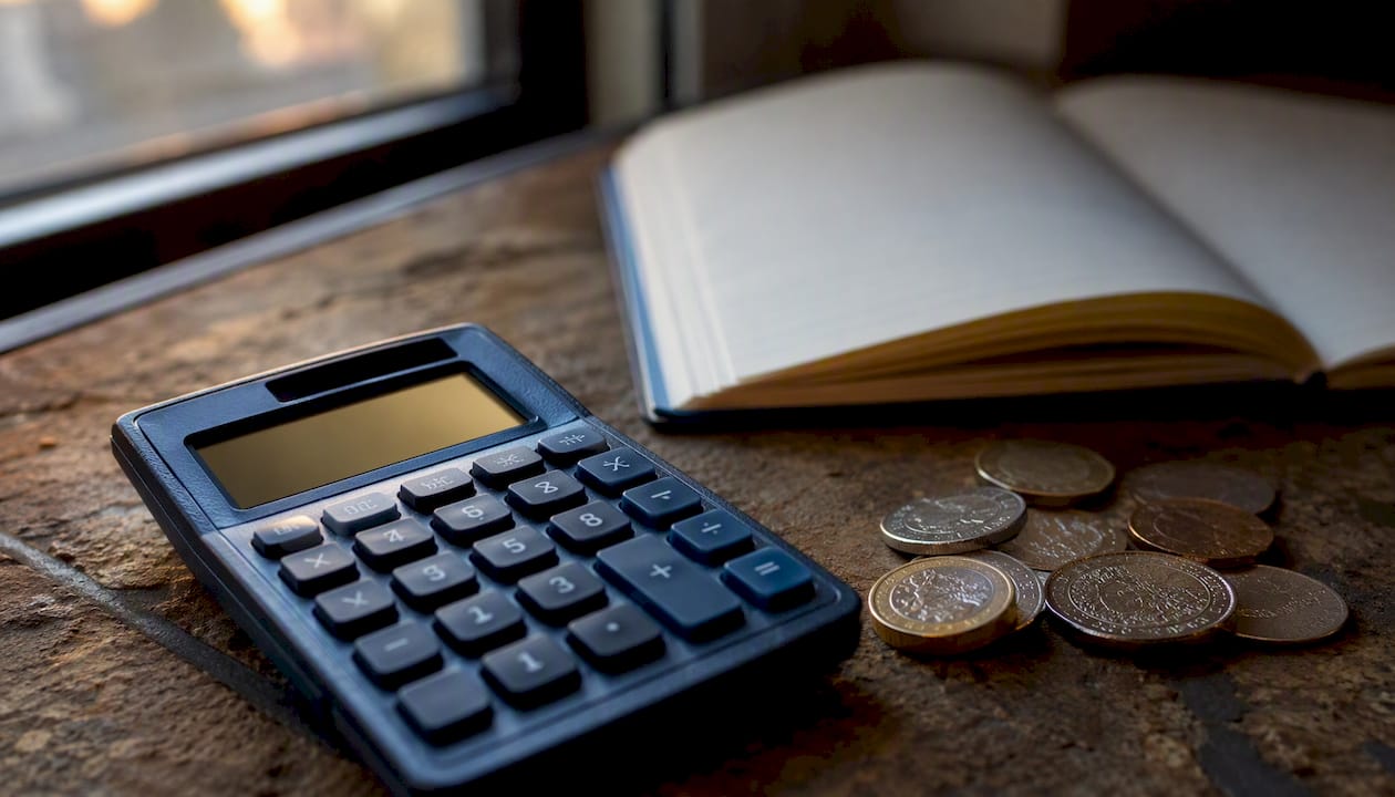 Calculator and coins close-up on desk