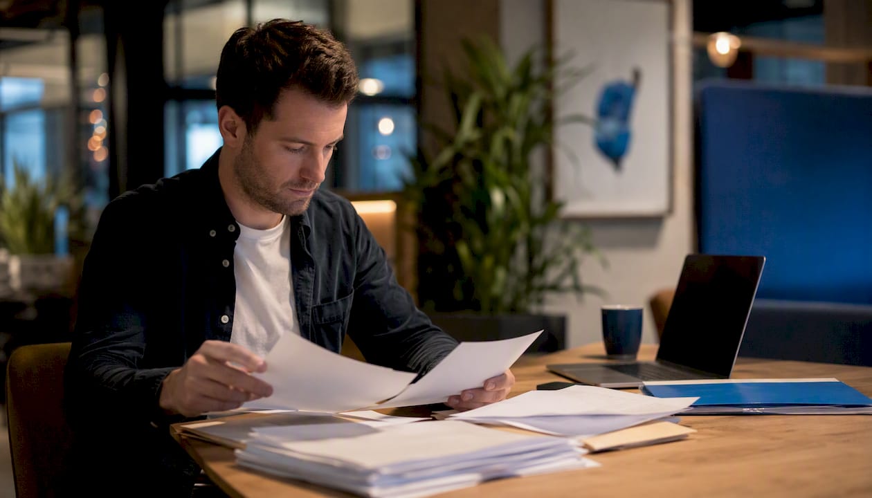 Hands sorting invoices during automation pilot