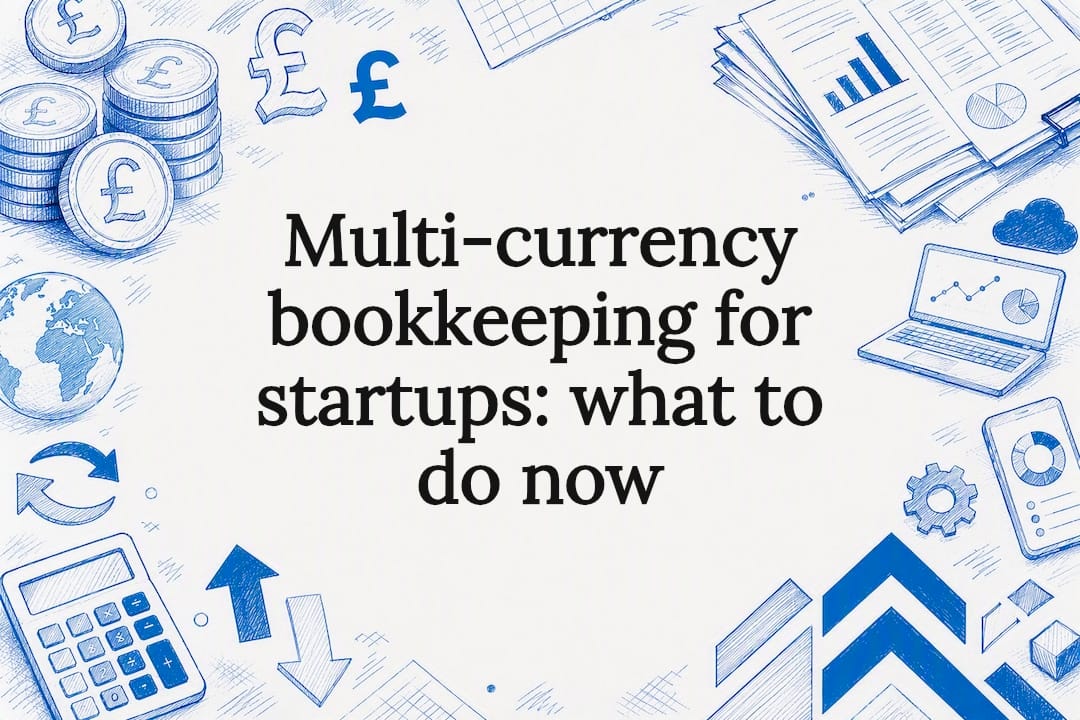 Decorative title card illustration for multi-currency bookkeeping article
