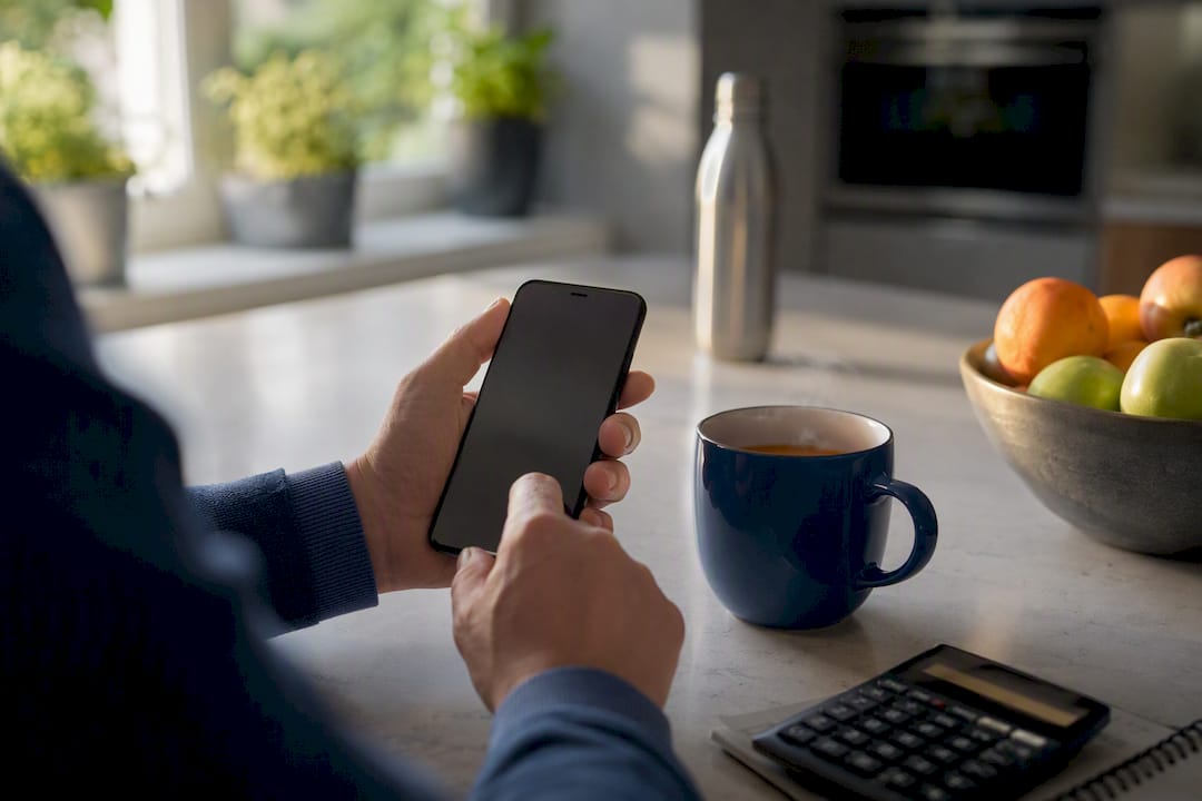 Hand scrolling tax reconciliation on smartphone